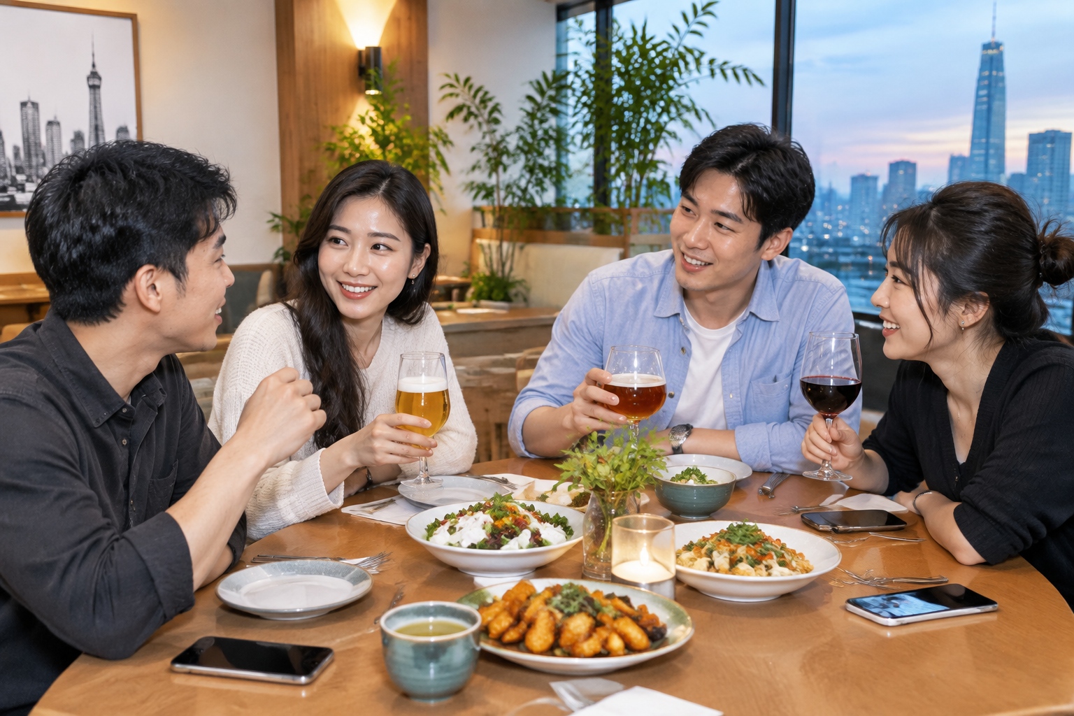 Young Chinese colleagues sharing a meal with beer, wine and tea at a modern casual restaurant in a Chinese city