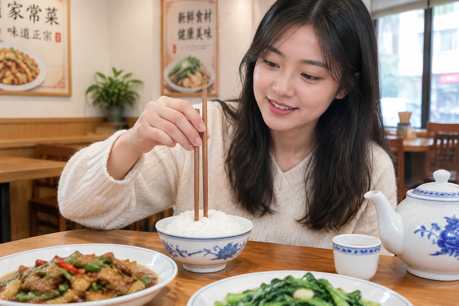 Two wooden chopsticks left standing upright in a bowl of white rice at a Chinese restaurant table