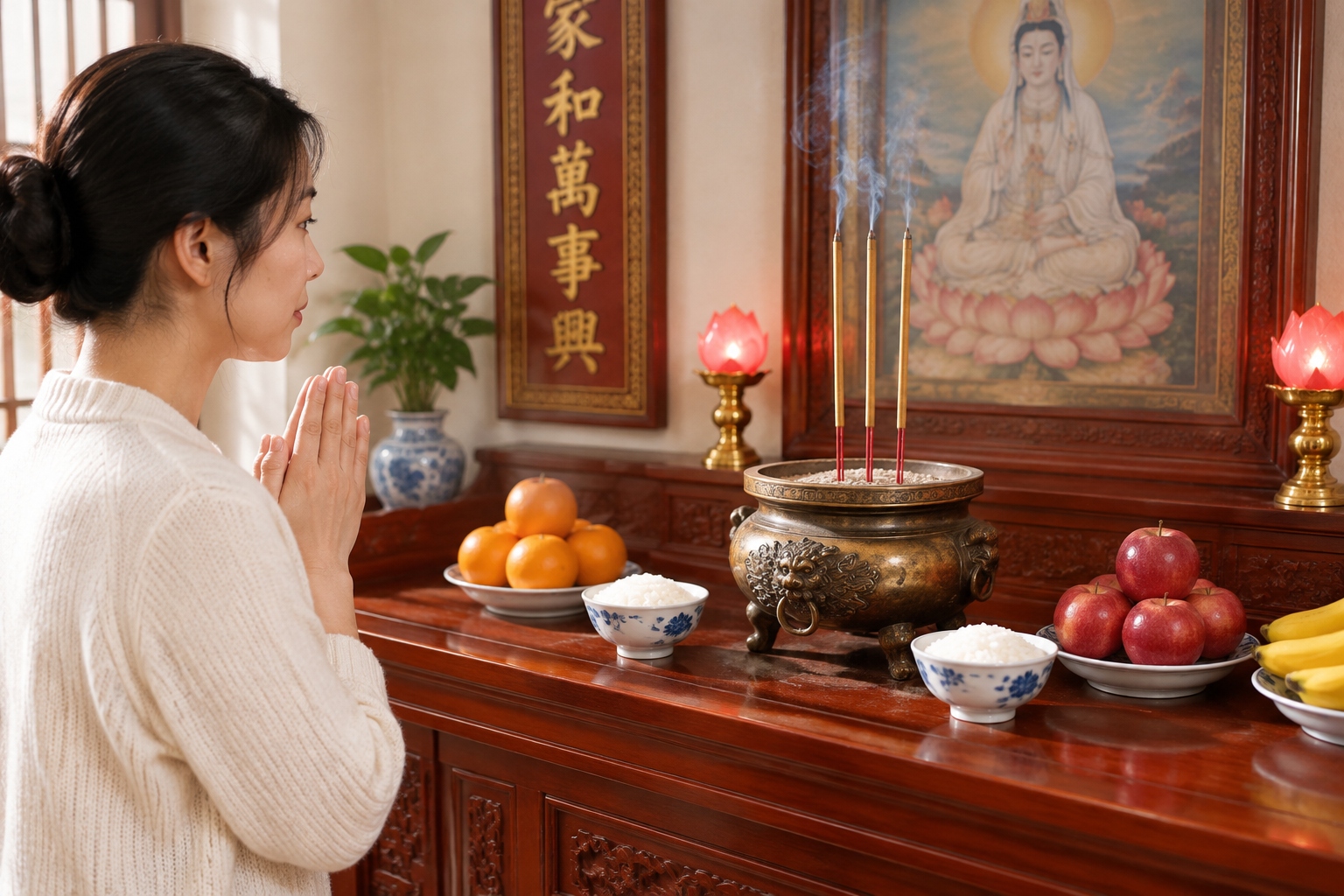 Three incense sticks burning upright in an incense burner beside bowls of rice offered on a Chinese altar