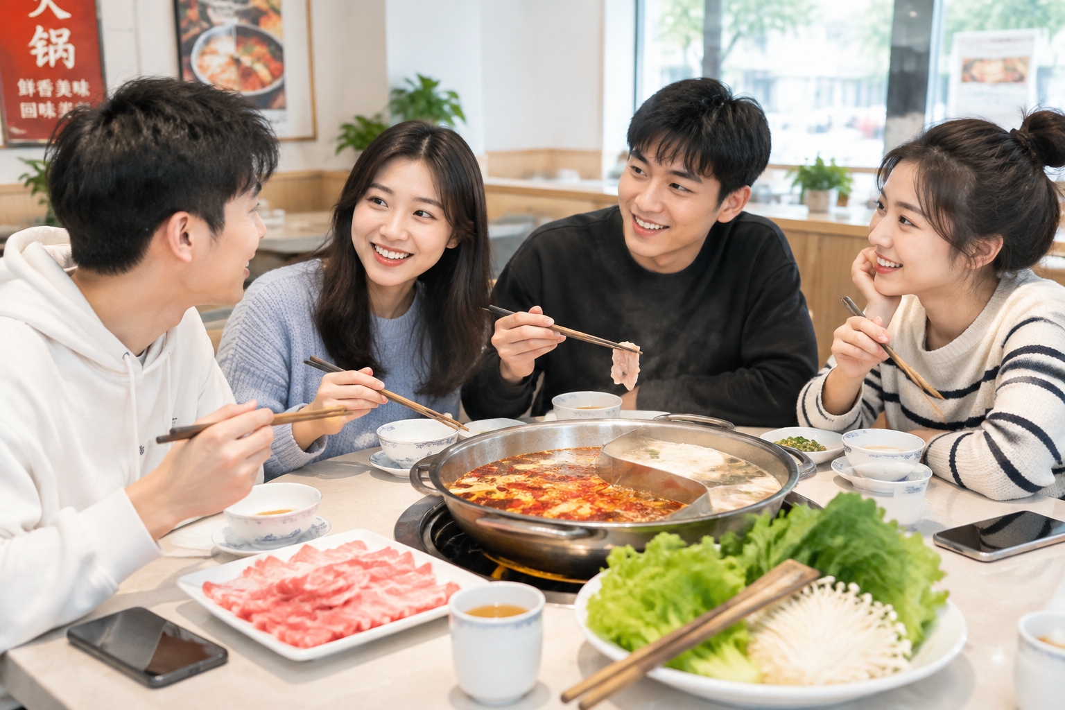 Young Chinese friends eating hotpot with serving chopsticks and mobile phones on the table
