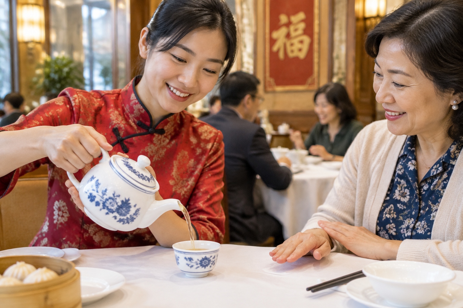 A hand pouring tea into a small cup while another diner taps two fingers on the table in thanks