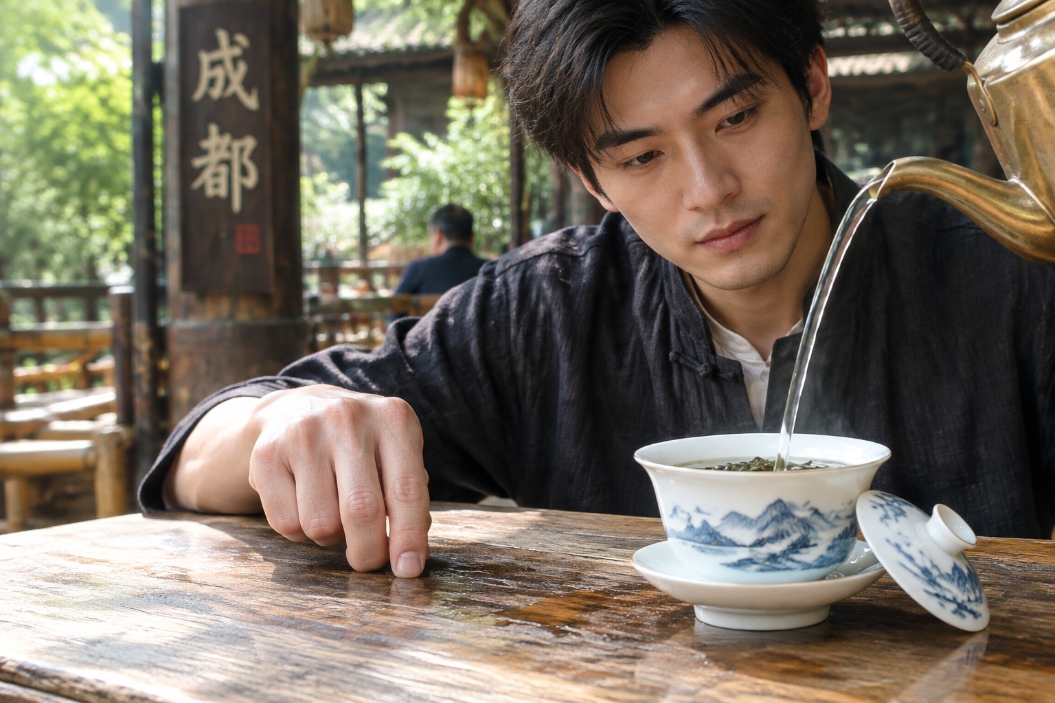 A hand tapping a wooden tea house table with two curled fingers to thank someone for pouring tea, next to a tilted lidded gaiwan cup in Chengdu