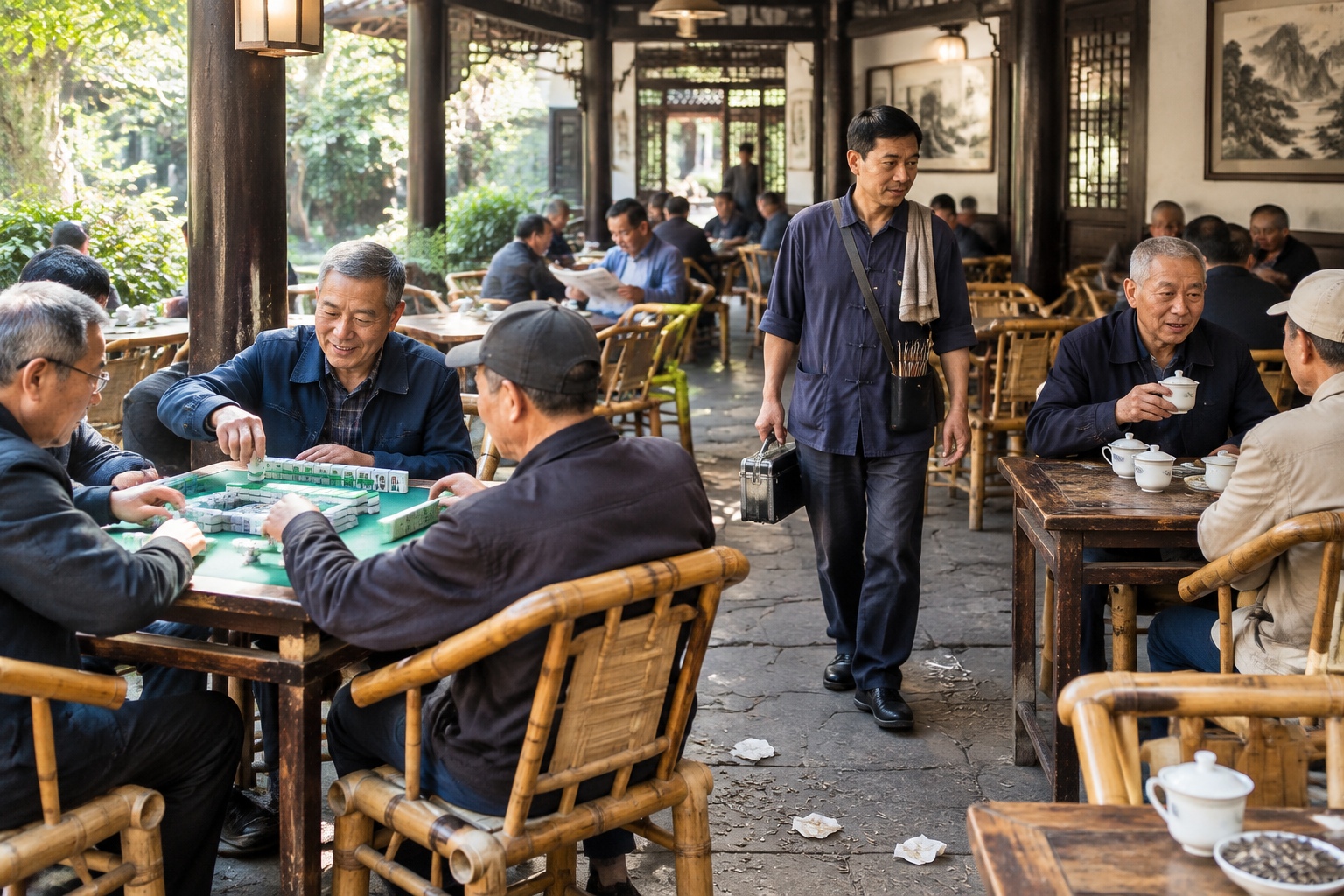 A busy Chengdu tea house at mid-morning with retirees drinking tea, playing mahjong and an ear cleaner walking between bamboo tables