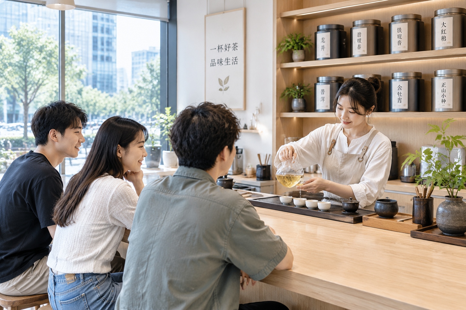 Young customers at a modern Chinese tea bar watching a barista pour tea with both hands at a light-wood counter in a city centre