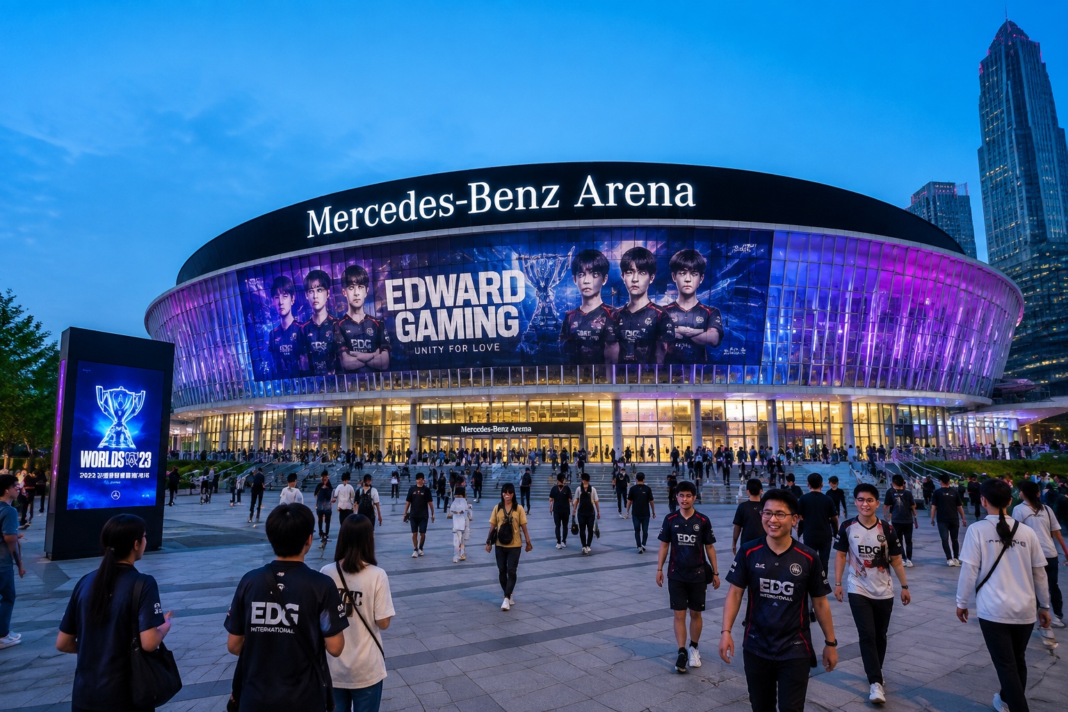 Mercedes-Benz Arena in Shanghai hosting a large crowd for a major esports tournament at dusk