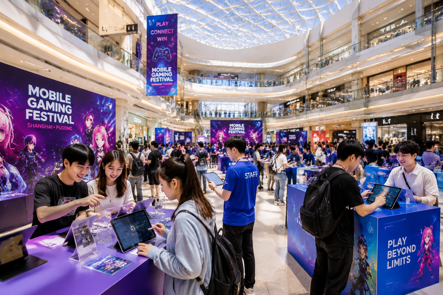 Mobile gaming festival pop-up inside a modern Shanghai shopping mall with visitors playing on tablets