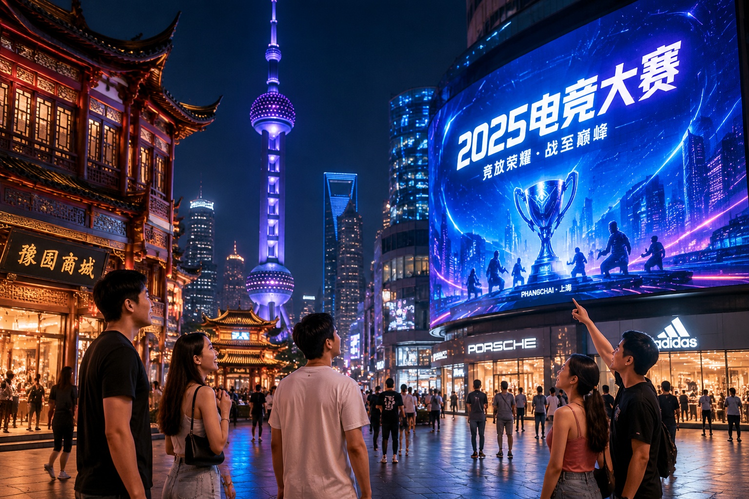 Shanghai cityscape at night with digital billboards advertising an esports championship