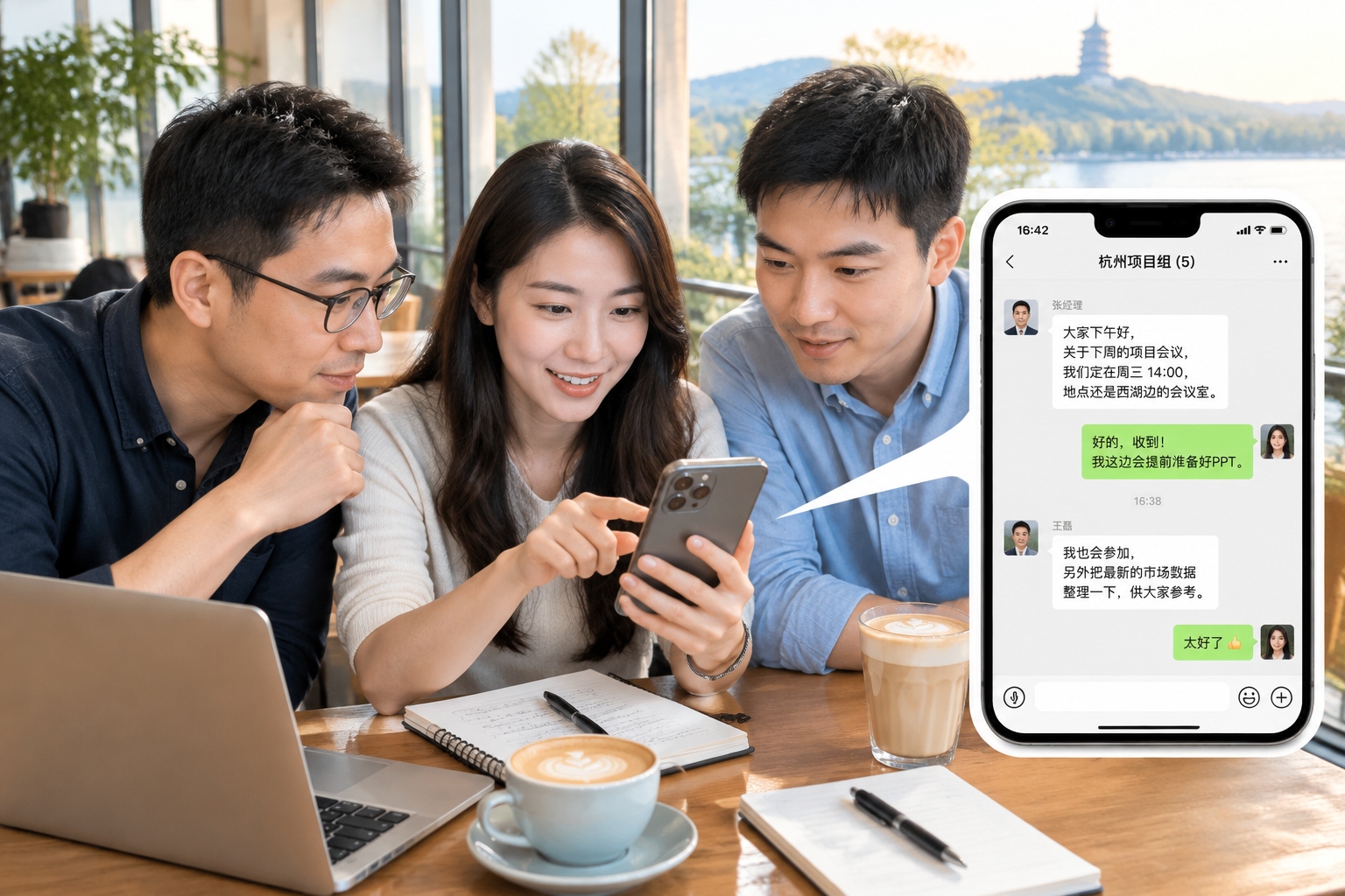 Three young Chinese professionals in a Hangzhou cafe looking together at a WeChat group chat on one phone during an informal business introduction