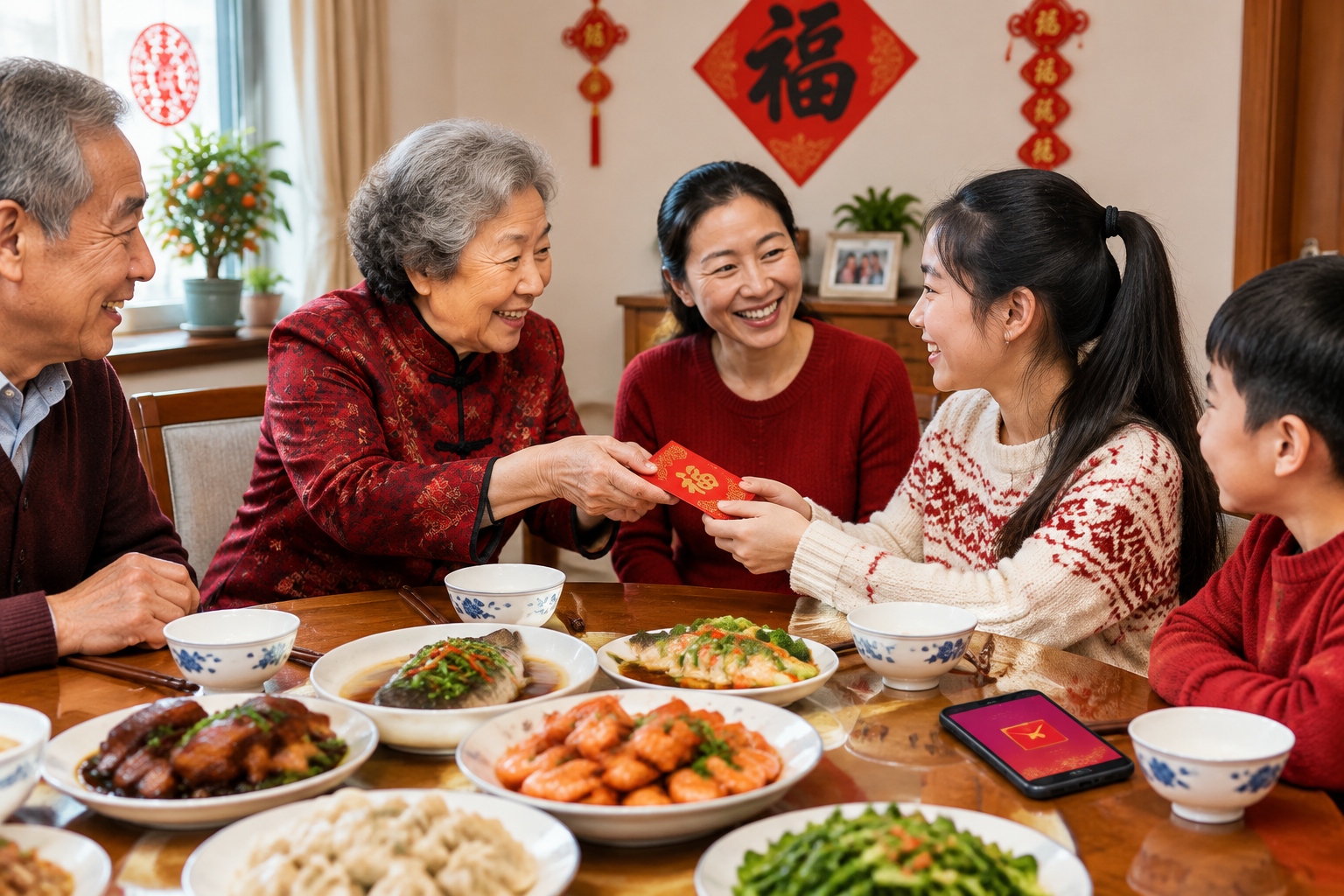 A Chinese grandmother handing a red envelope to her granddaughter at a Lunar New Year family dinner while a phone shows a digital red packet on the table