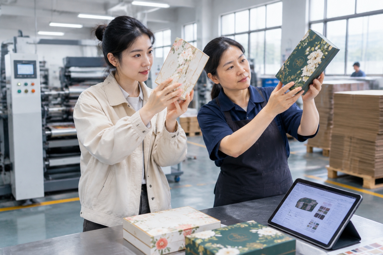 A young Chinese packaging designer and a factory production manager inspecting printed gift boxes together on the factory floor in Ningbo
