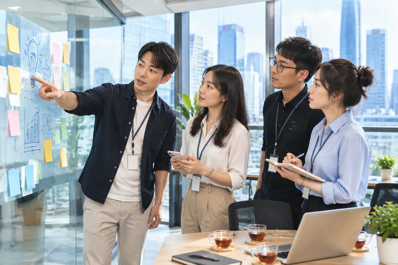 Young Chinese employees planning on a glass wall with sticky notes in a bright Shenzhen co-working office, drinking tea instead of alcohol