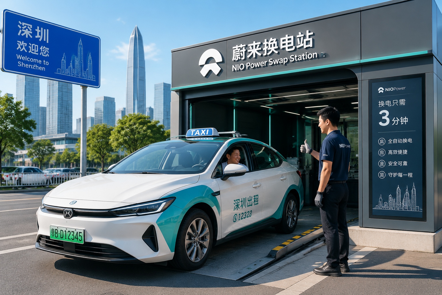 An electric taxi entering a compact glass-walled battery swap station on a busy Chinese city street during morning rush hour