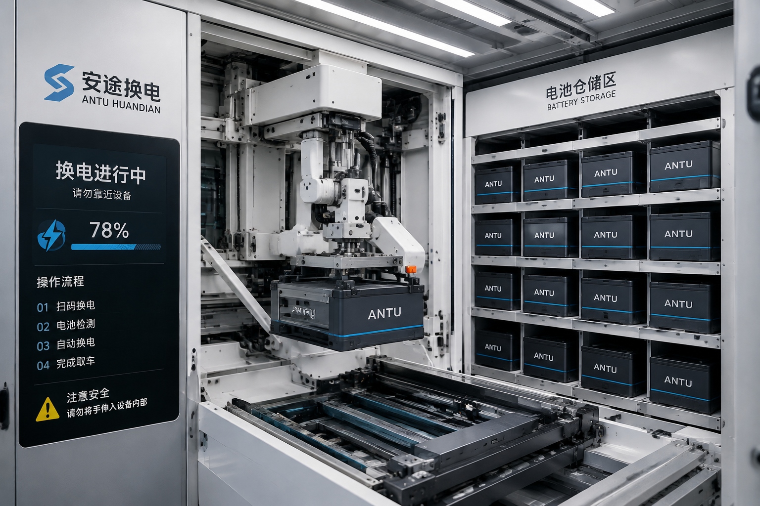 Inside a battery swap station where robotic arms manage and charge electric vehicle battery packs