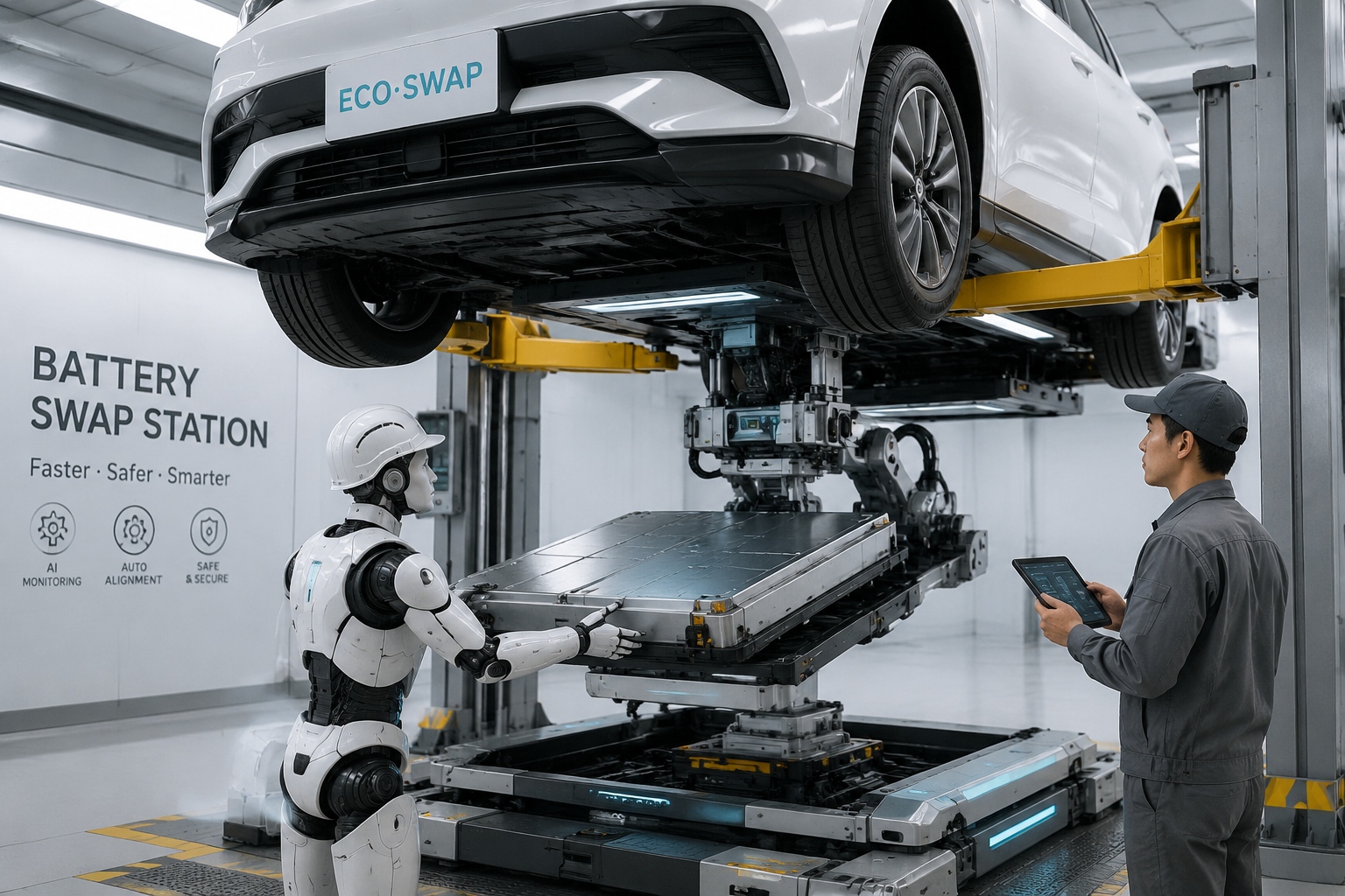 Mechanical process of lifting an electric vehicle to replace its battery pack at a service station