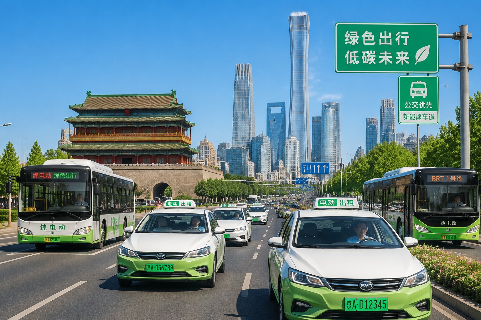 A fleet of electric taxis and buses driving on a modern Chinese city street with clean air