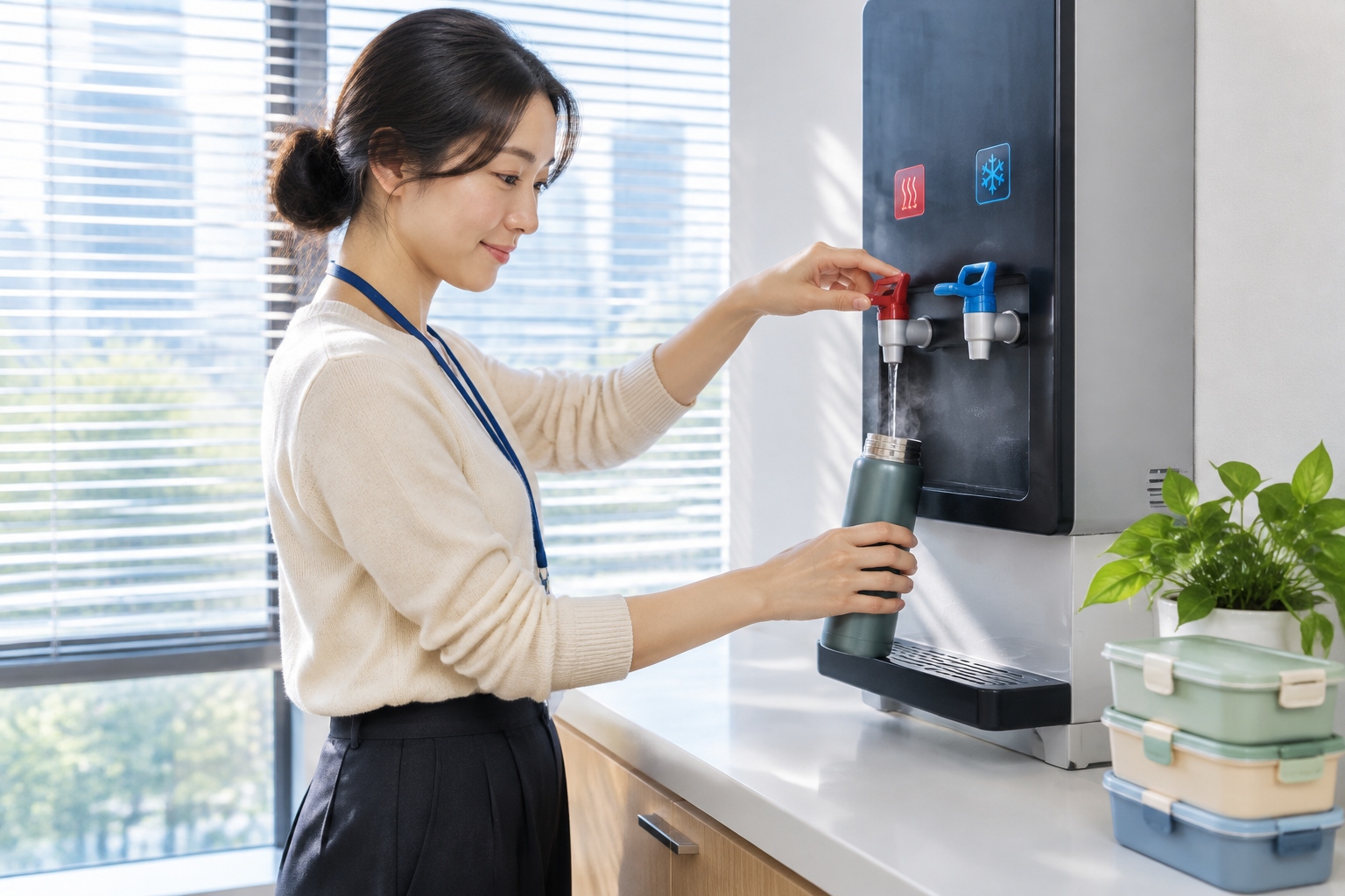 Beyond "Drink Hot Water": The Cultural Code Behind China's Most Famous Phrase 22 A woman filling a glass thermos from the hot-water tap of an office water dispenser in China