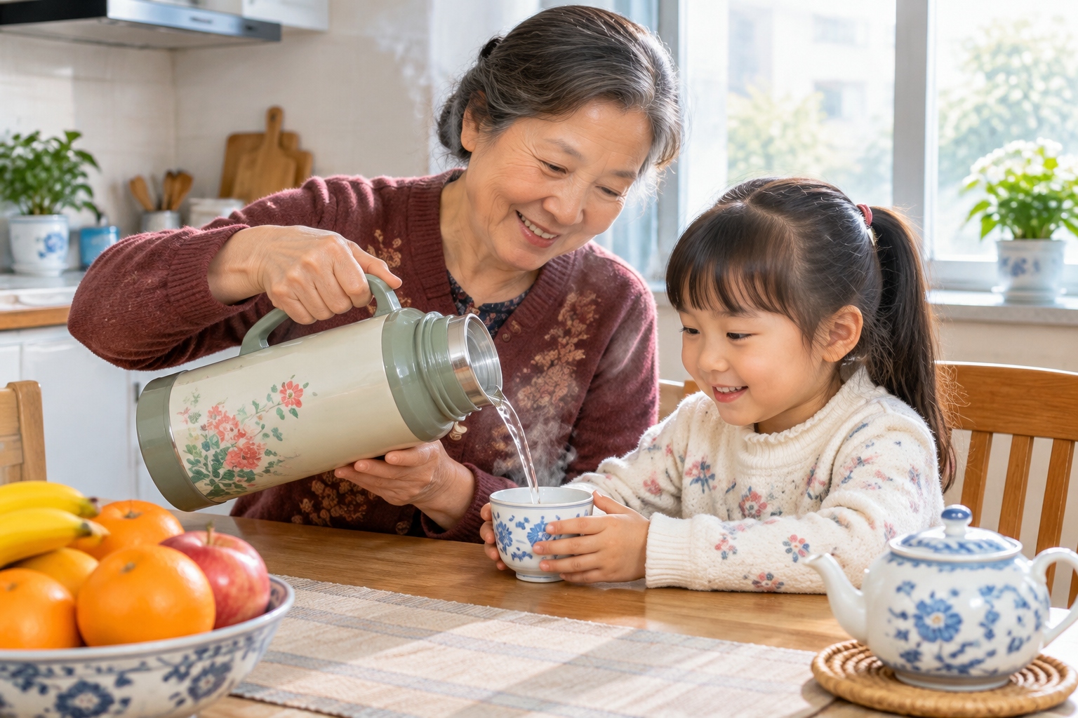 Beyond "Drink Hot Water": The Cultural Code Behind China's Most Famous Phrase 23 A Chinese grandmother pouring hot water from a thermos into her grandchild's cup at the family dining table