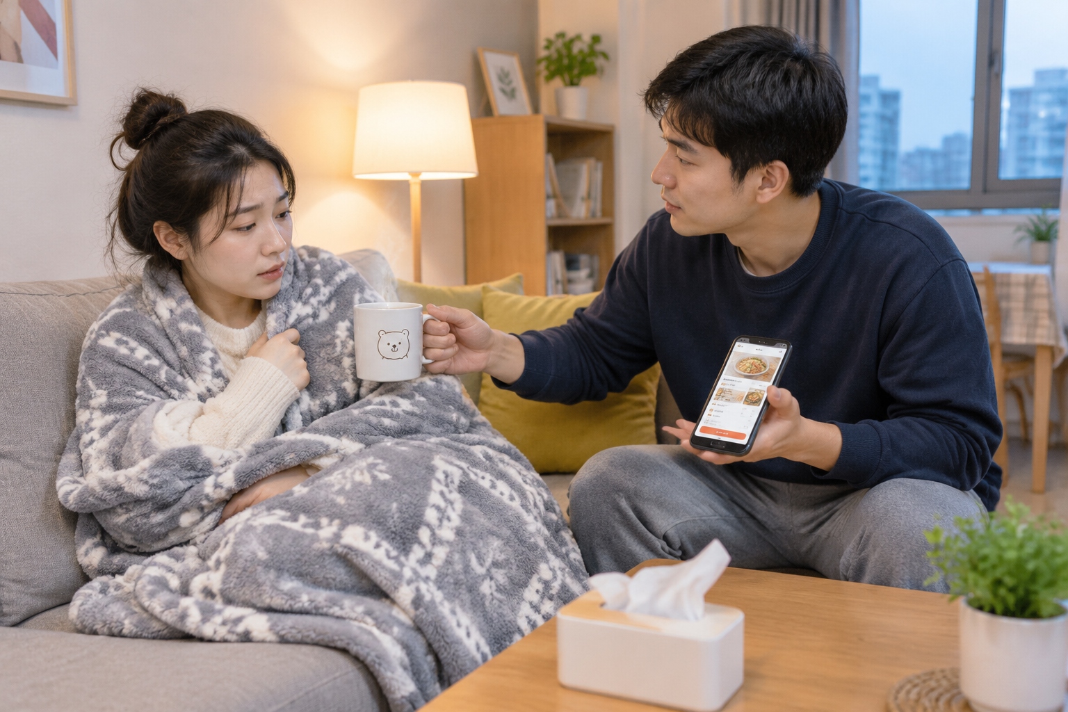 Beyond "Drink Hot Water": The Cultural Code Behind China's Most Famous Phrase 24 A young man handing a mug of hot water to his girlfriend on the sofa while ordering food delivery on his phone