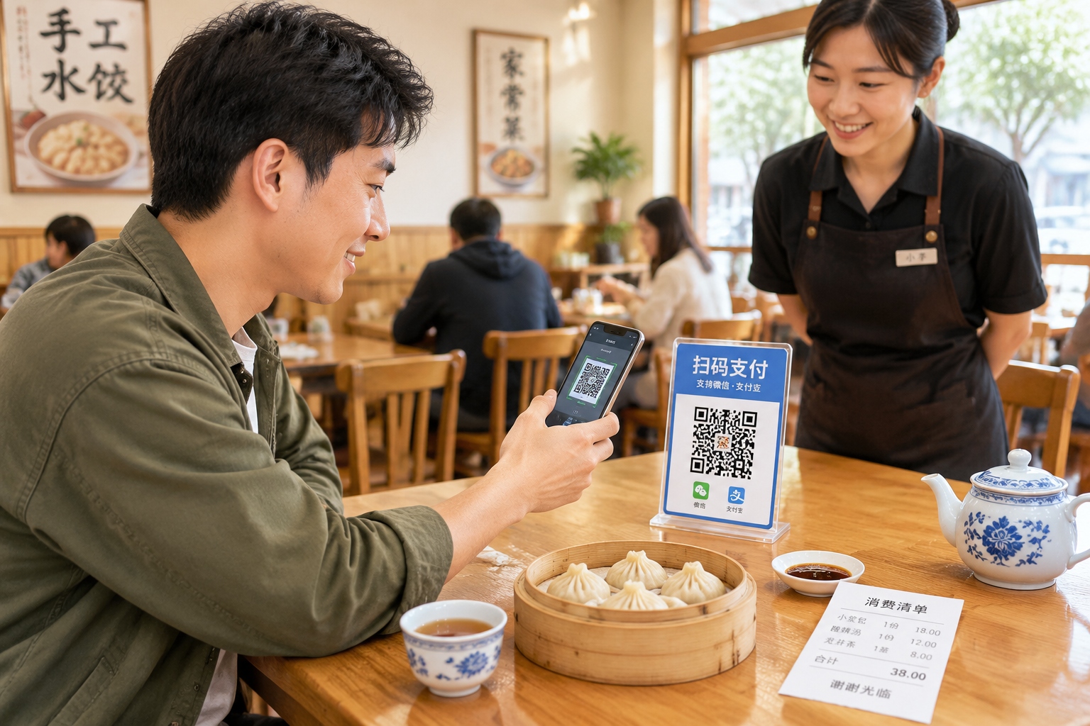 Traveler scanning a QR code to pay at a Chinese restaurant, no tip jar visible