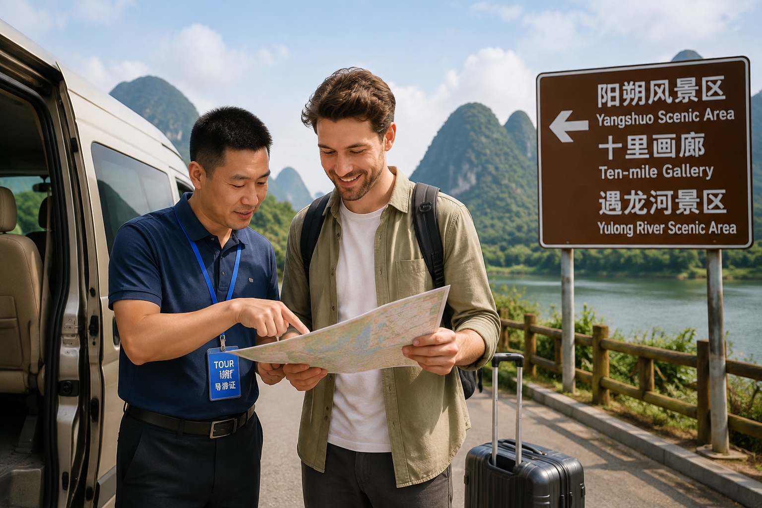Chinese tour guide with traveler planning a multi-day route beside a private van