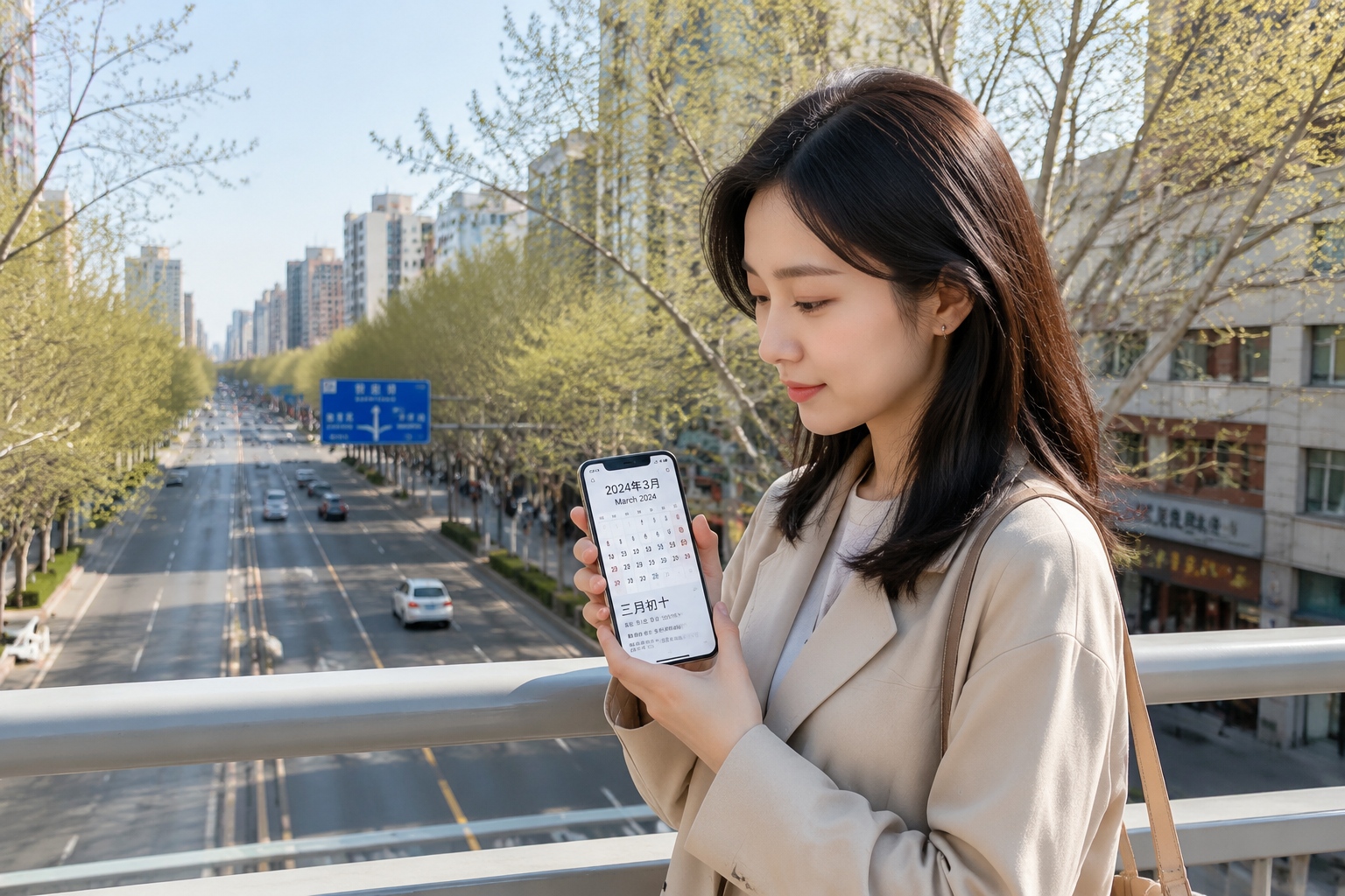 Young Chinese woman on a Shanghai street checking her phone calendar showing the lunar date and Qingming solar term