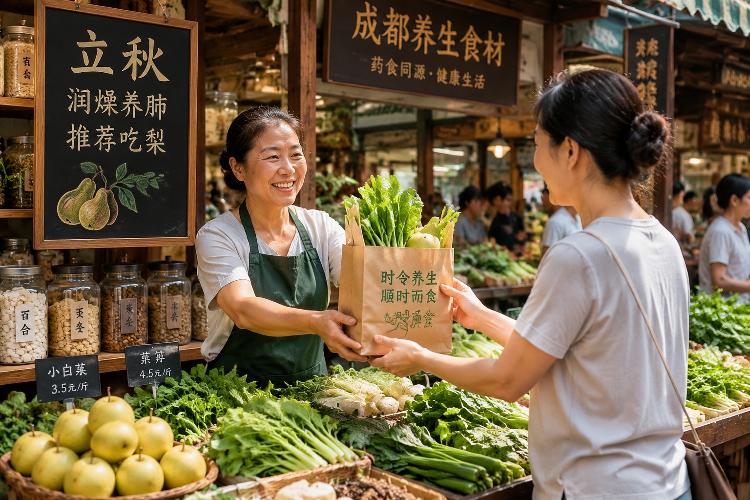 Market vendor in Chengdu selling autumn vegetables with a handwritten sign mentioning the Start of Autumn solar term