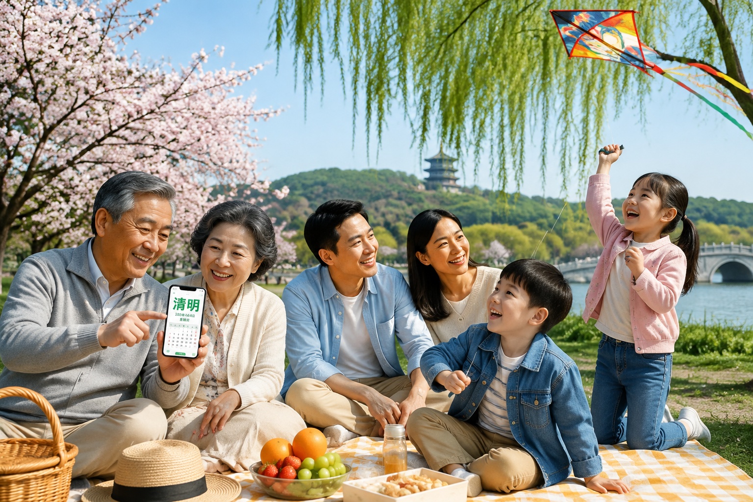 Chinese family on a Qingming picnic in a Hangzhou park watching a kite while grandpa shows the solar term on a smartphone