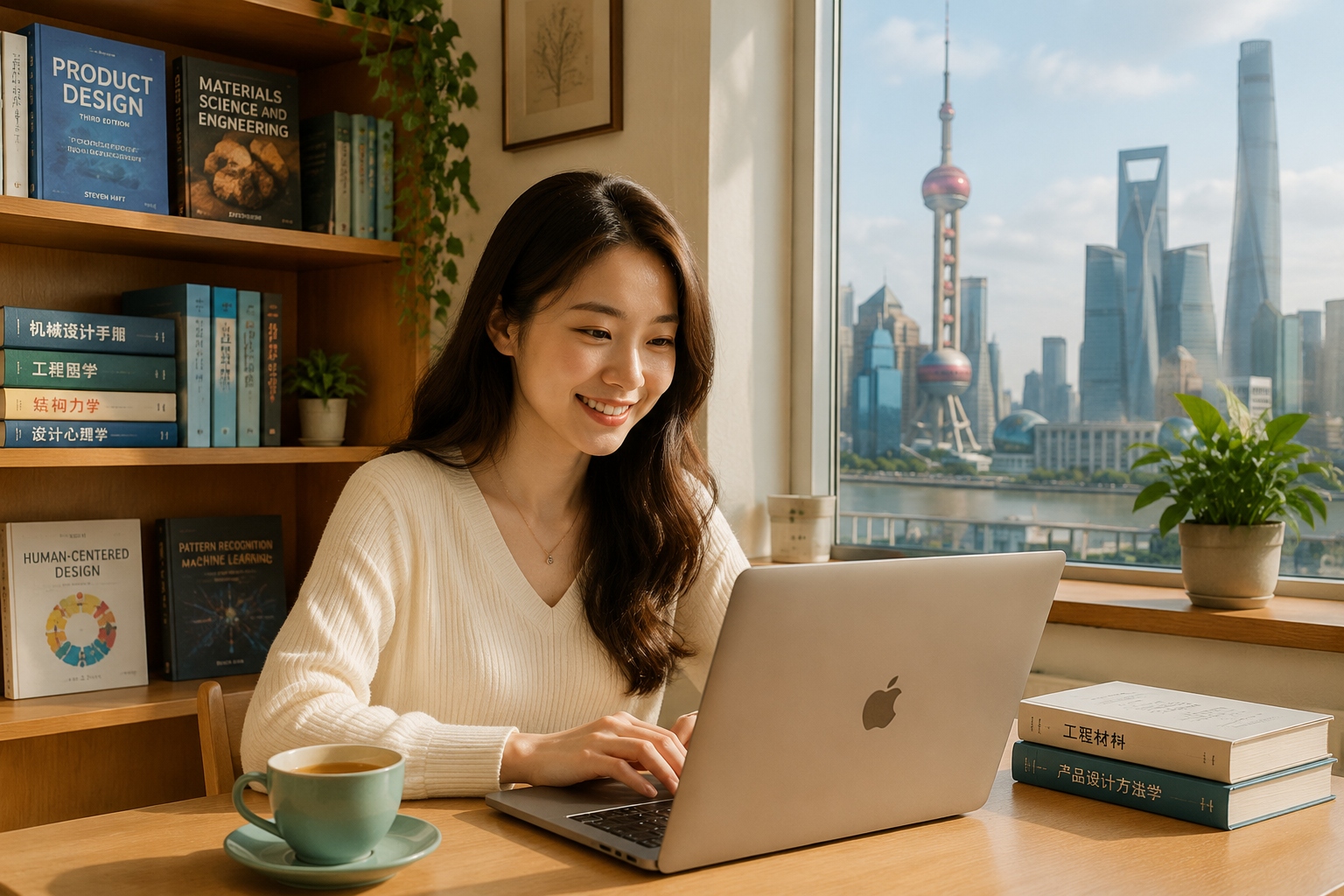 Young Chinese woman working from home on her laptop in a modern Shanghai apartment, representing career independence