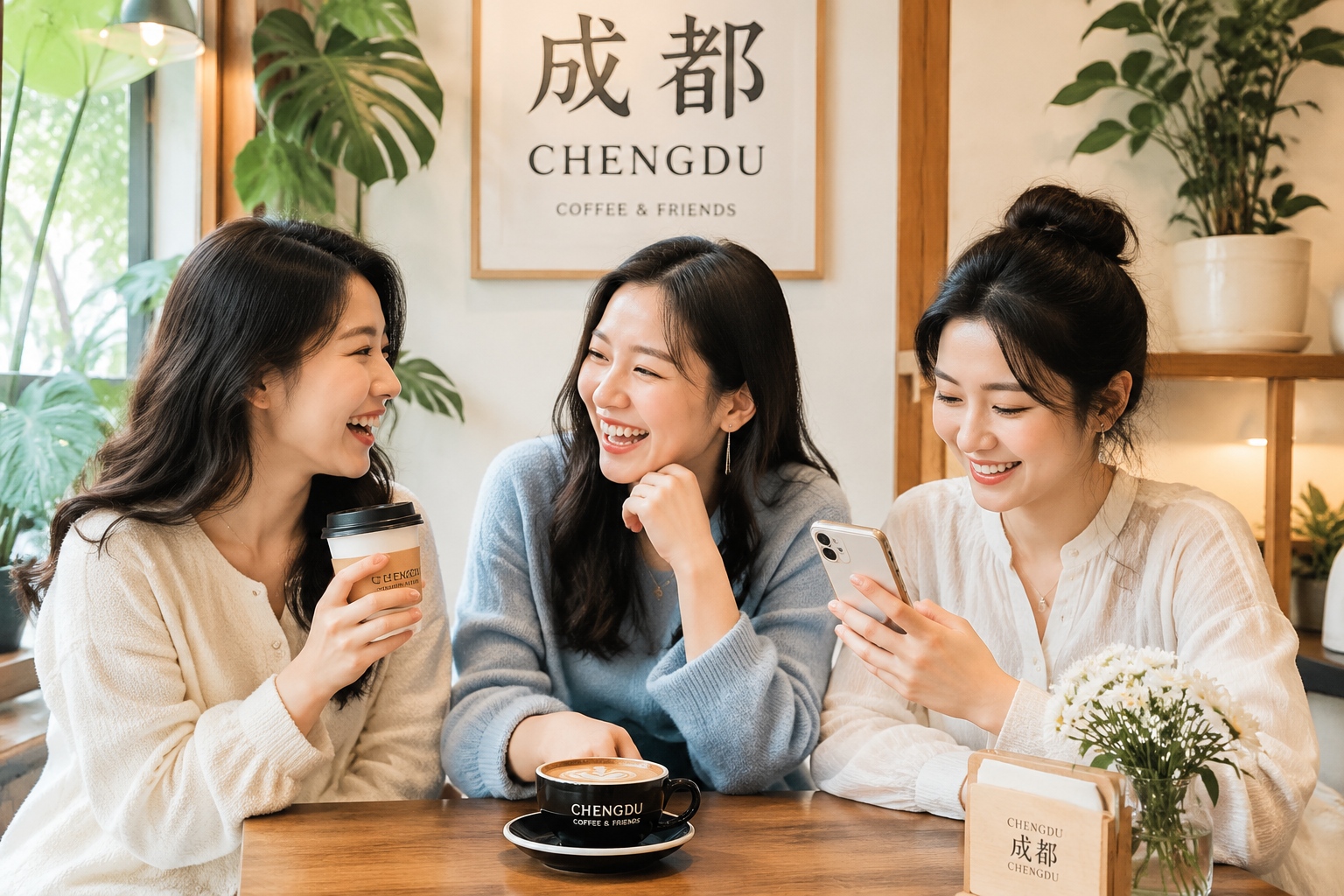 Three Chinese friends enjoying coffee and conversation in a Chengdu café, showing modern social life and friendship