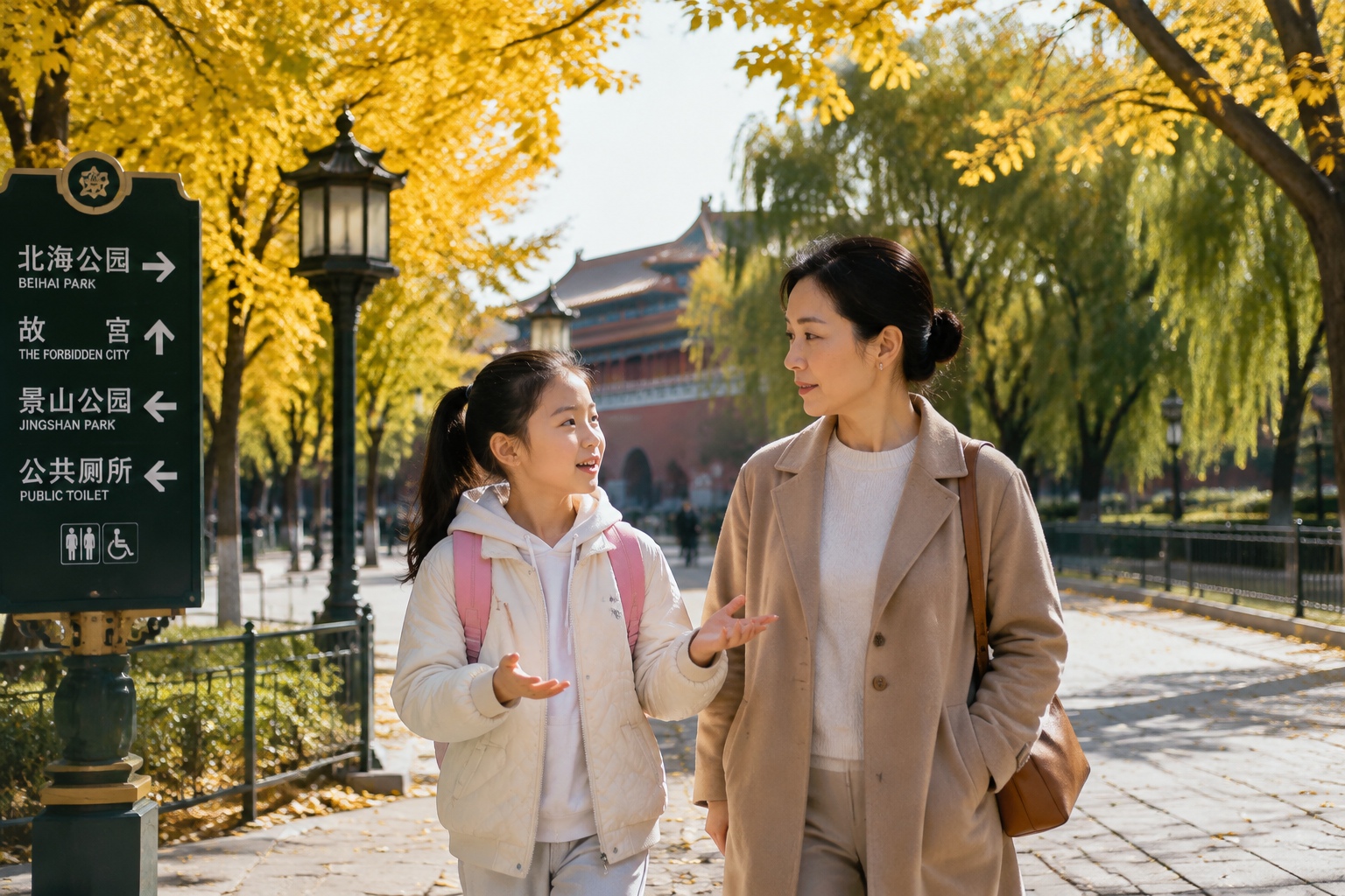 Chinese mother and daughter having a serious conversation in a Beijing park, reflecting intergenerational dialogue about marriage