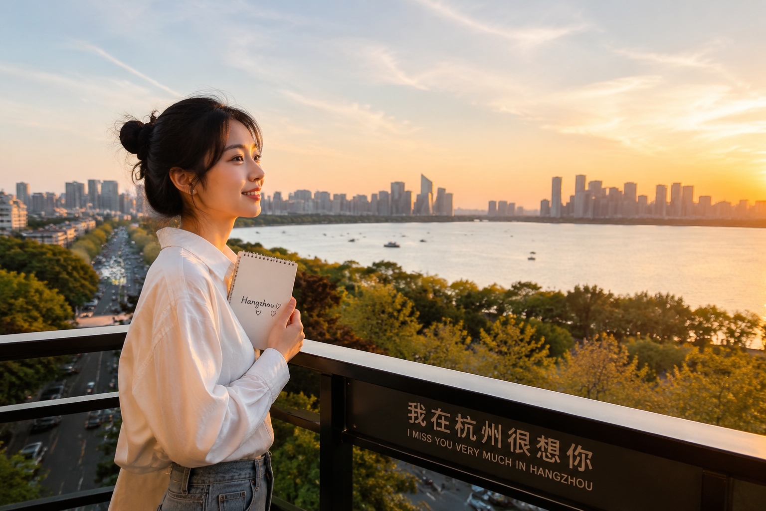 Young Chinese woman on a balcony overlooking Hangzhou skyline at sunset, symbolizing independence and future planning