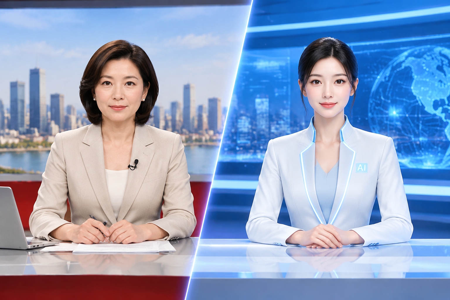 Conceptual image comparing traditional human news anchors with modern AI digital avatars