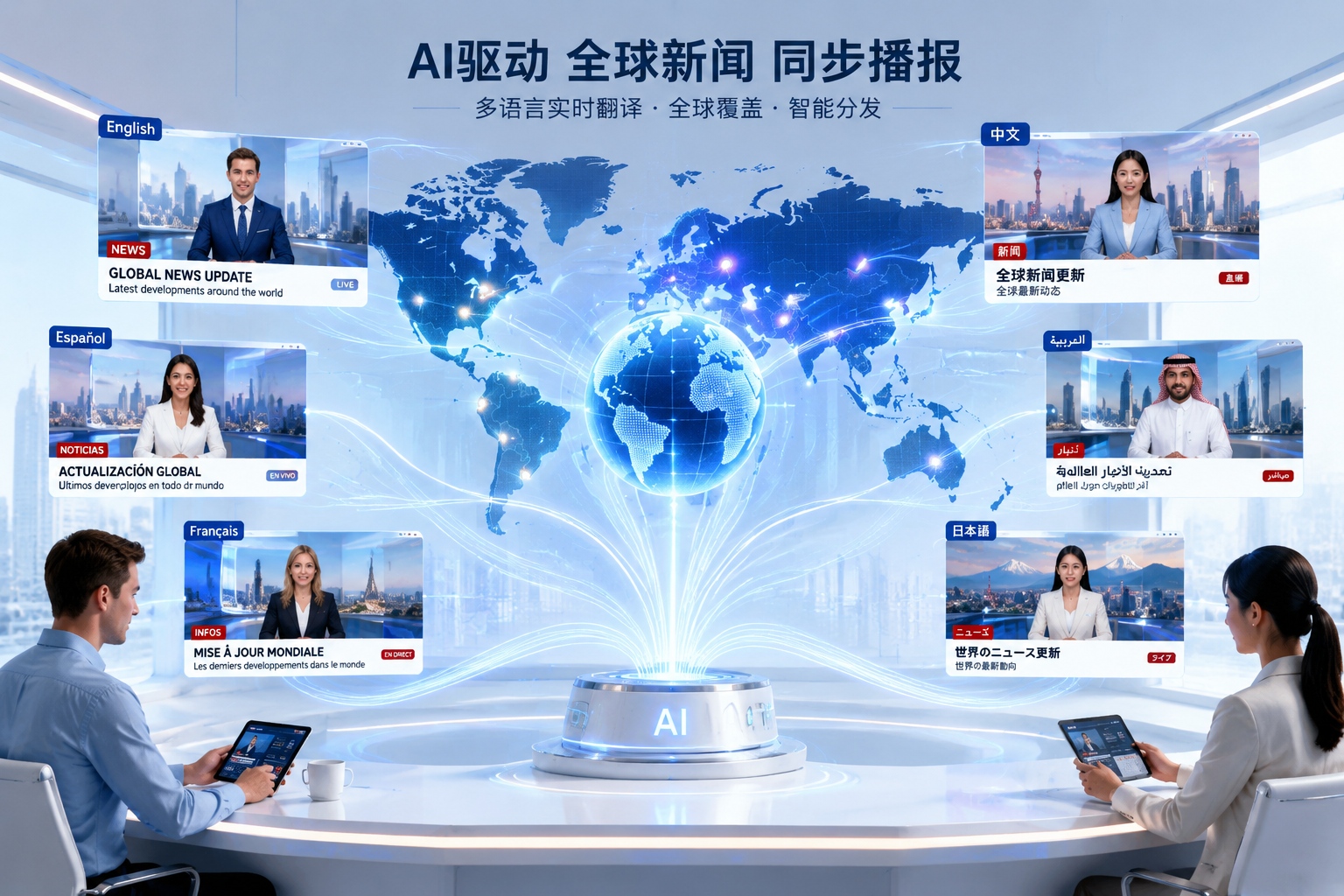 Global data network visualization showing international connectivity and multi-language broadcasting