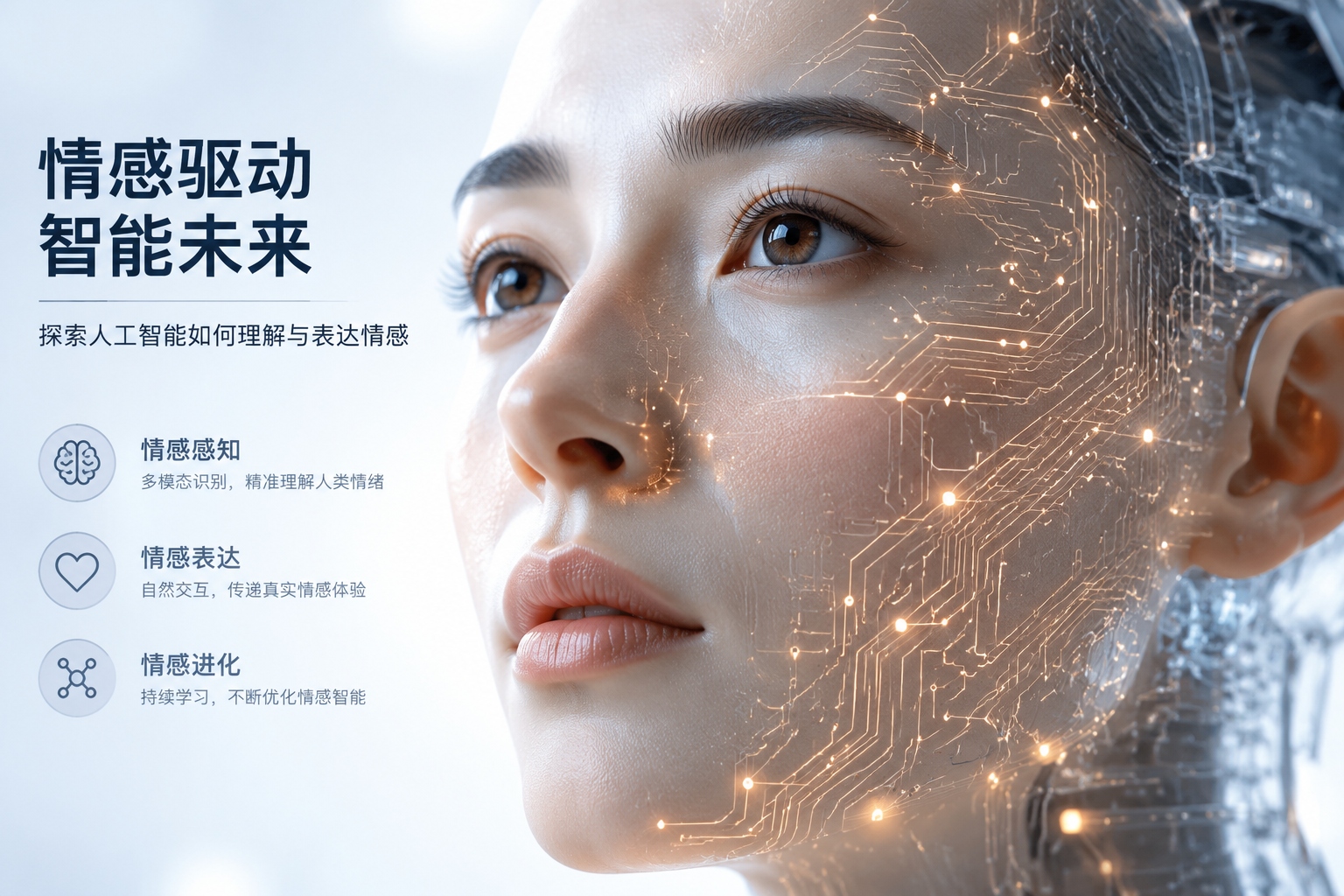 Close-up detail showing the integration of artificial intelligence and human-like facial features