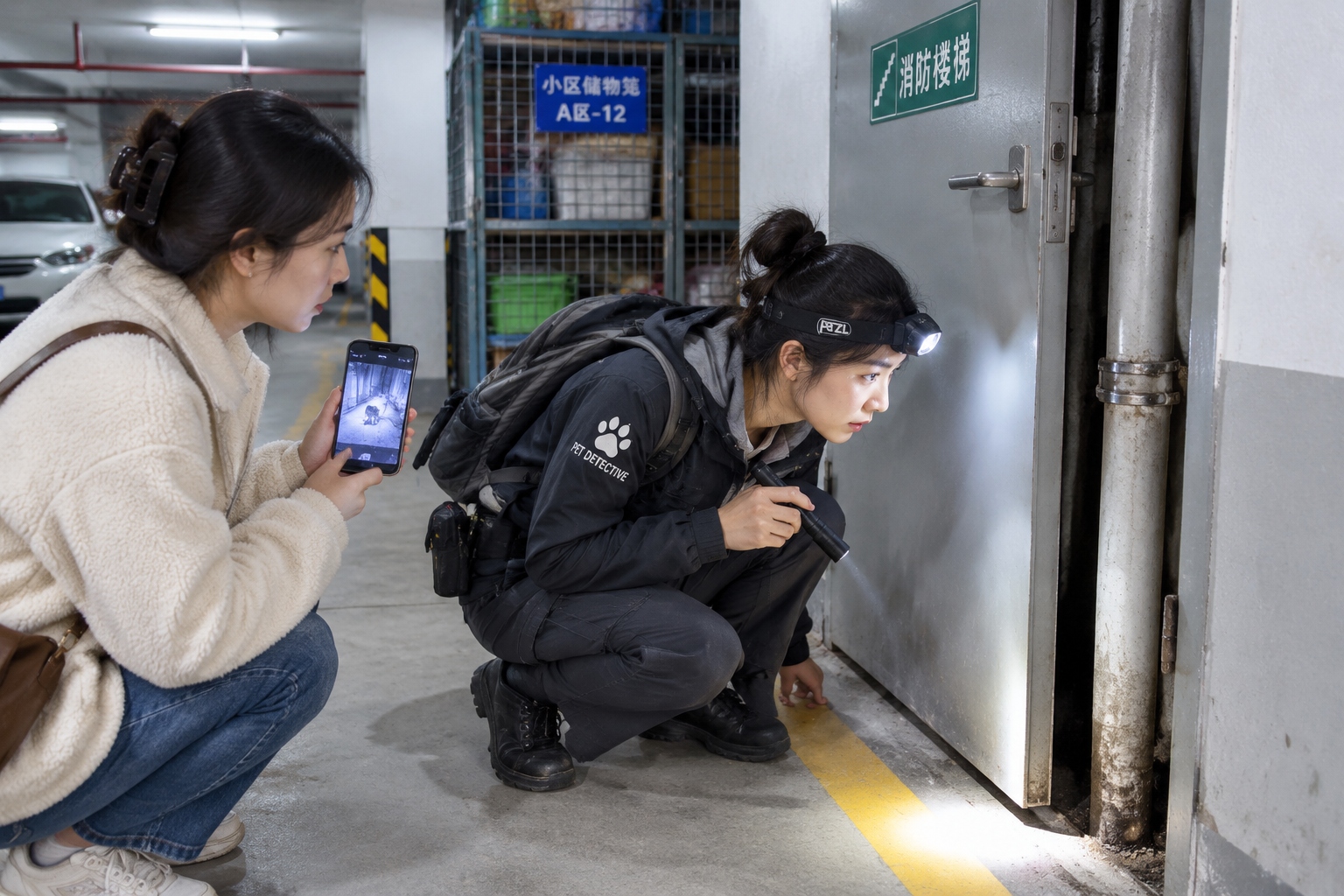 She's a 'Pet Detective' Who Finds Lost Cats in the Concrete Jungle 22 Female pet detective and cat owner search an underground garage stairwell in a Chinese high-rise apartment block at night