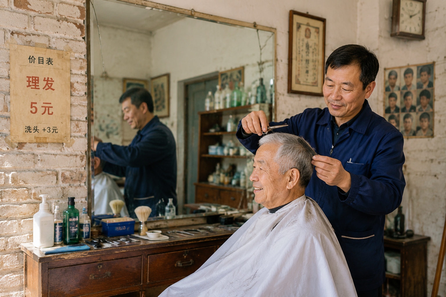 Interior of an old neighborhood barber shop in Shanghai with a wooden chair, vintage mirrors, and a hand-written 5 yuan price list taped to the wall