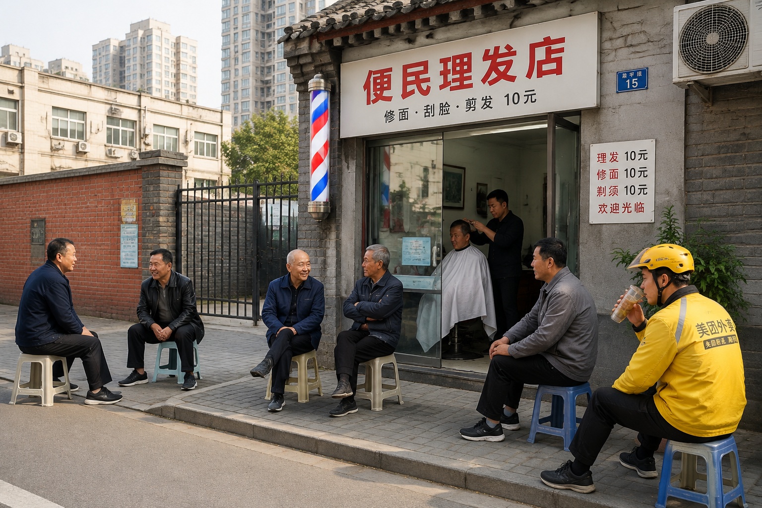 Neighbors and delivery riders gathering outside a low-cost community barber shop in a changing Chinese residential street
