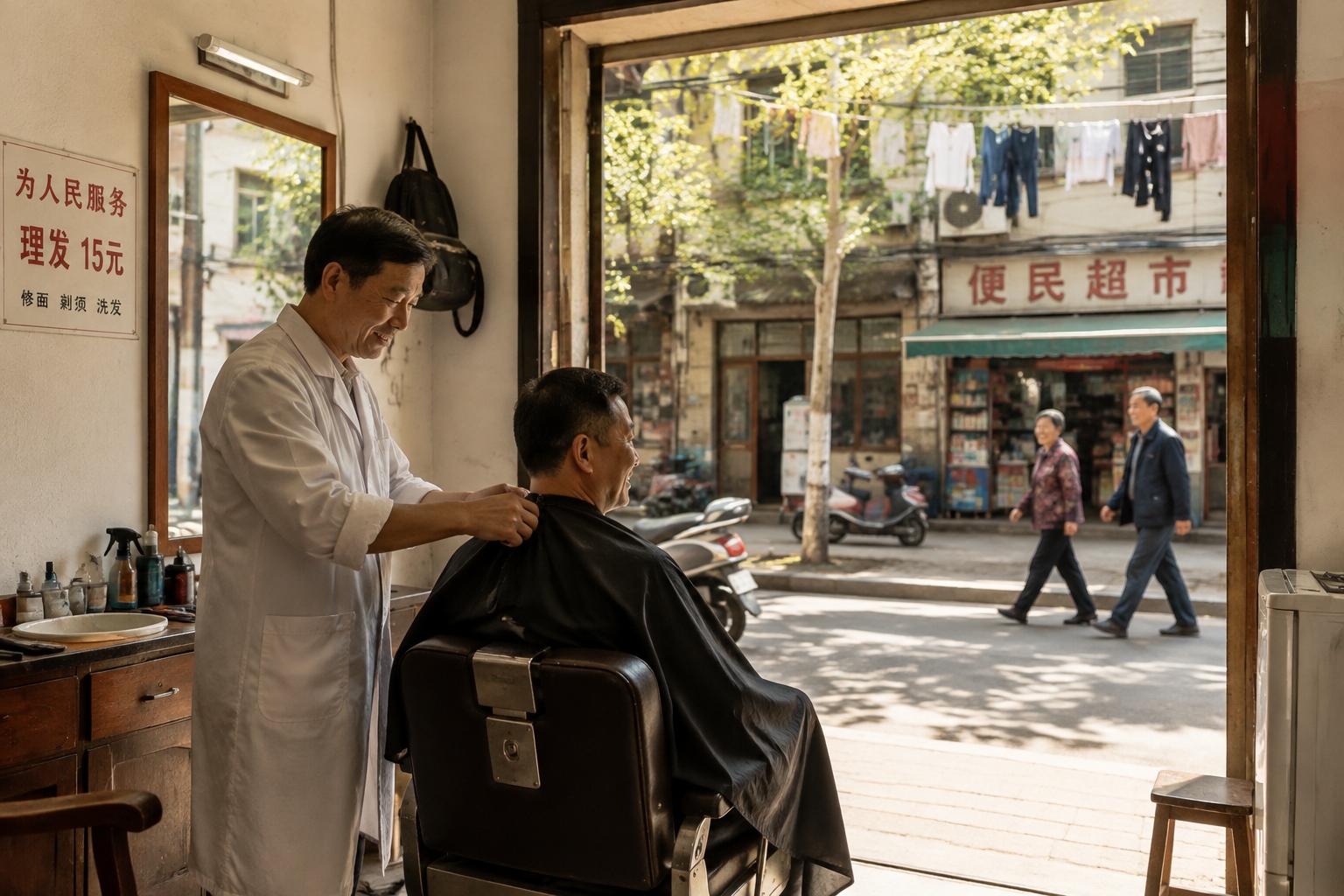 Barber adjusting a customer's cape in a small neighborhood shop with a view of daily street life outside