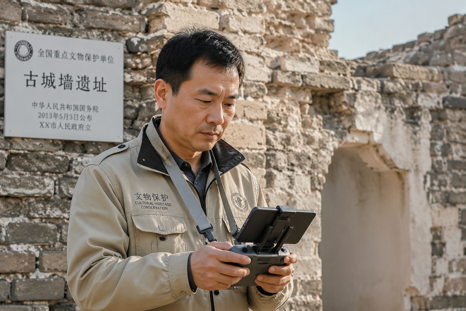 Conservator monitoring drone data on the Great Wall site