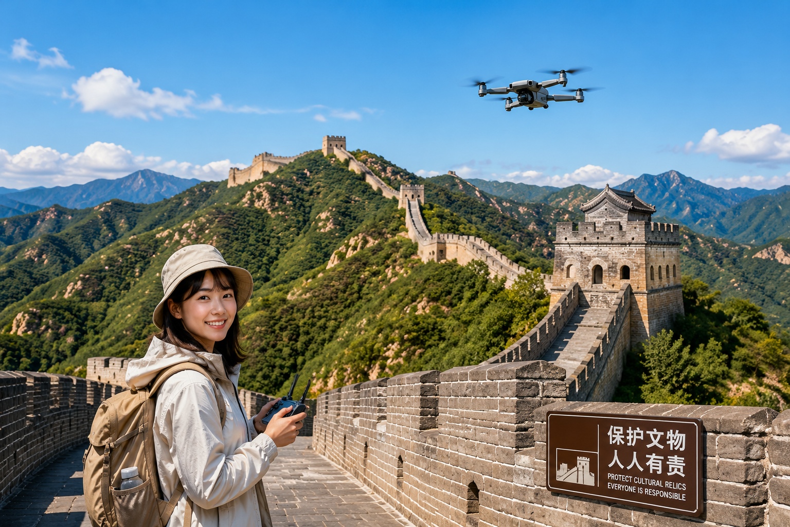 Drone flying alongside the Great Wall in the mountains