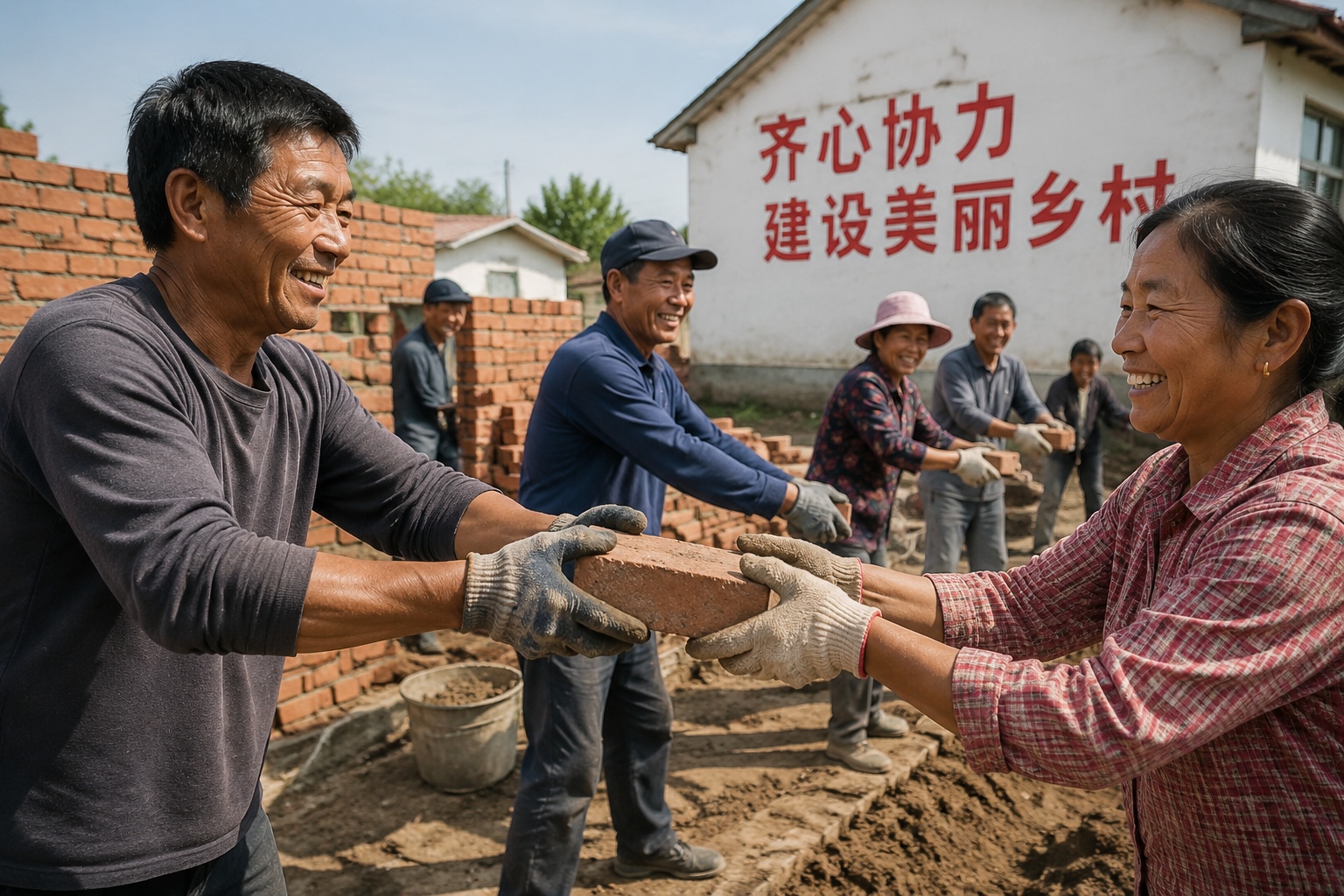 He's Building a School for 'Left-Behind' Kids with His Own Hands 22 Villagers passing bricks hand over hand at a construction site in a rural Chinese village, building a school for left-behind children.