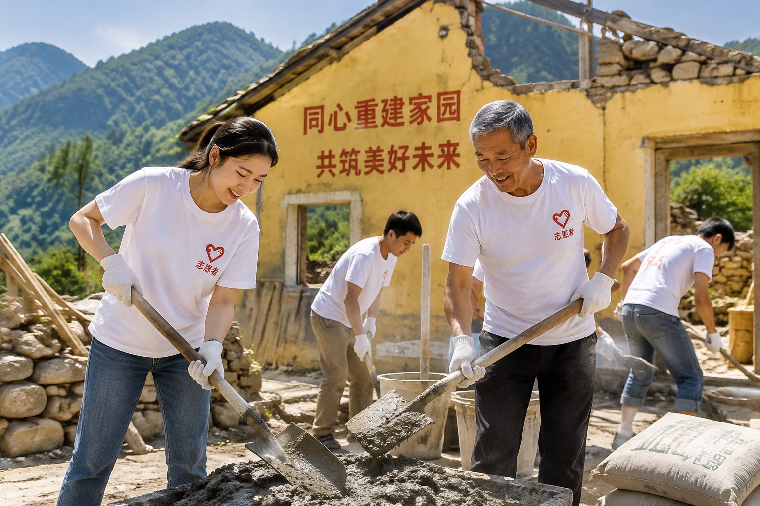 He's Building a School for 'Left-Behind' Kids with His Own Hands 23 Volunteers mixing concrete by hand at a rural school construction site in Guizhou, showing community effort.