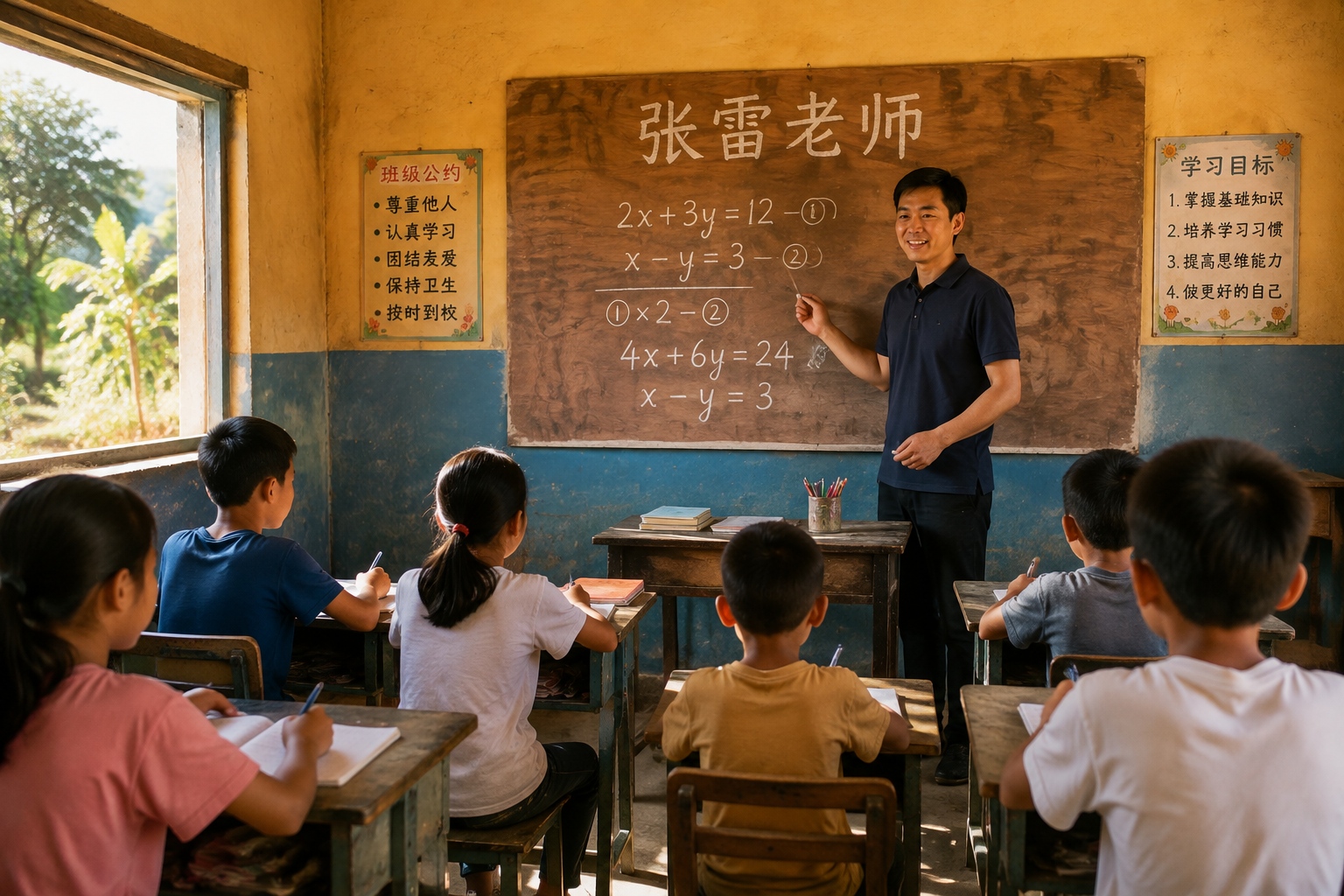 He's Building a School for 'Left-Behind' Kids with His Own Hands 24 Children studying in a makeshift classroom built by a local volunteer in rural China. Zhang Lei teaches at a plywood blackboard.