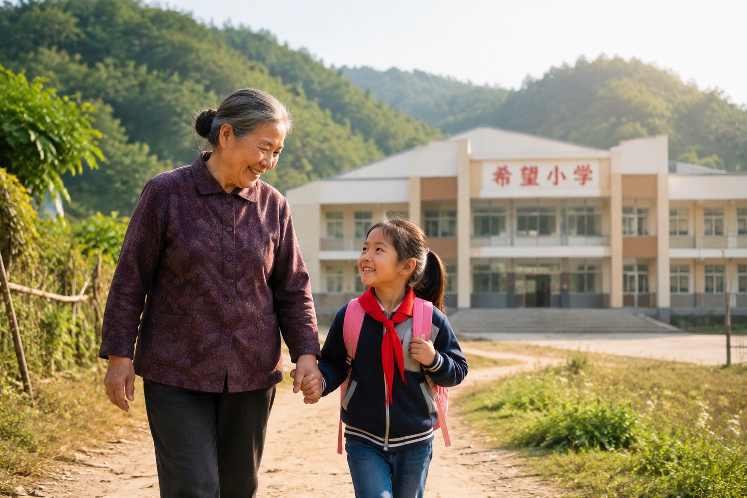 He's Building a School for 'Left-Behind' Kids with His Own Hands 25 An elderly grandmother walking her granddaughter to a community-built school for left-behind children in rural Guizhou.