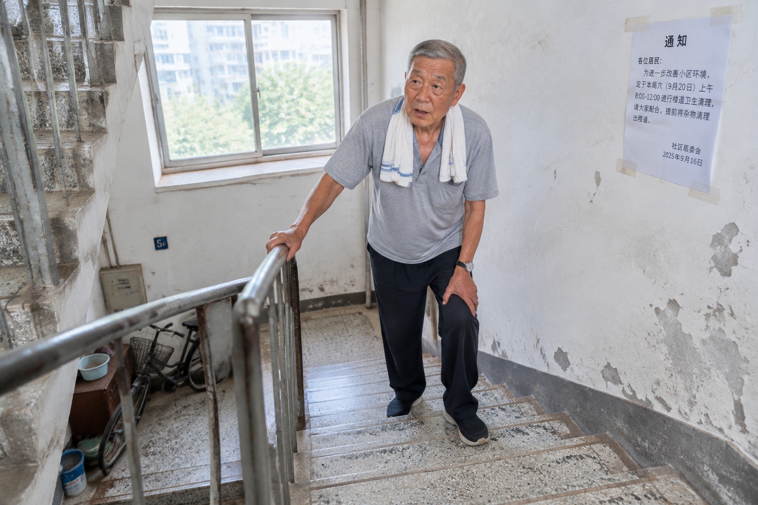 Elderly man pausing on the landing of an old six-story walk-up stairwell in China, next to a printed notice taped to the wall