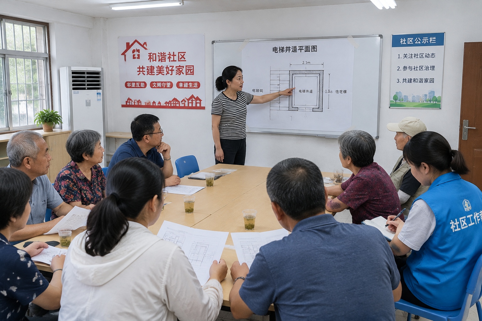 Residents of a Chinese apartment building sitting around tables in a community meeting room discussing an elevator installation floor plan