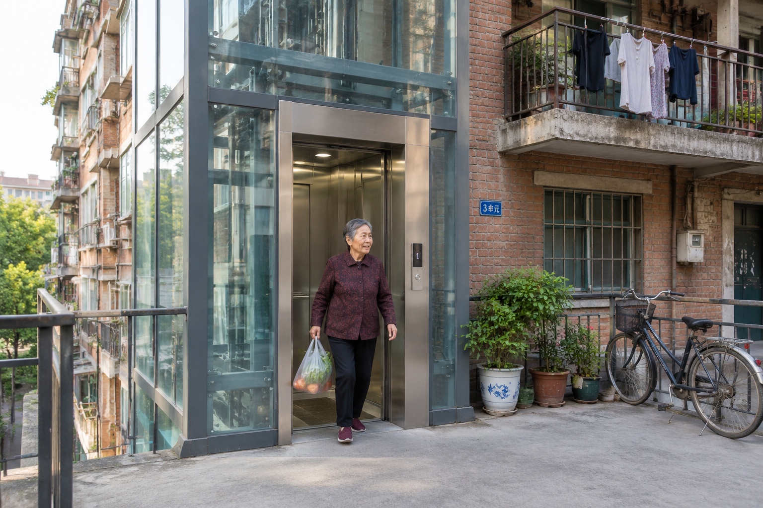 Newly installed glass and steel elevator attached to the outside of an old six-story Chinese apartment building, with an elderly woman stepping out carrying groceries