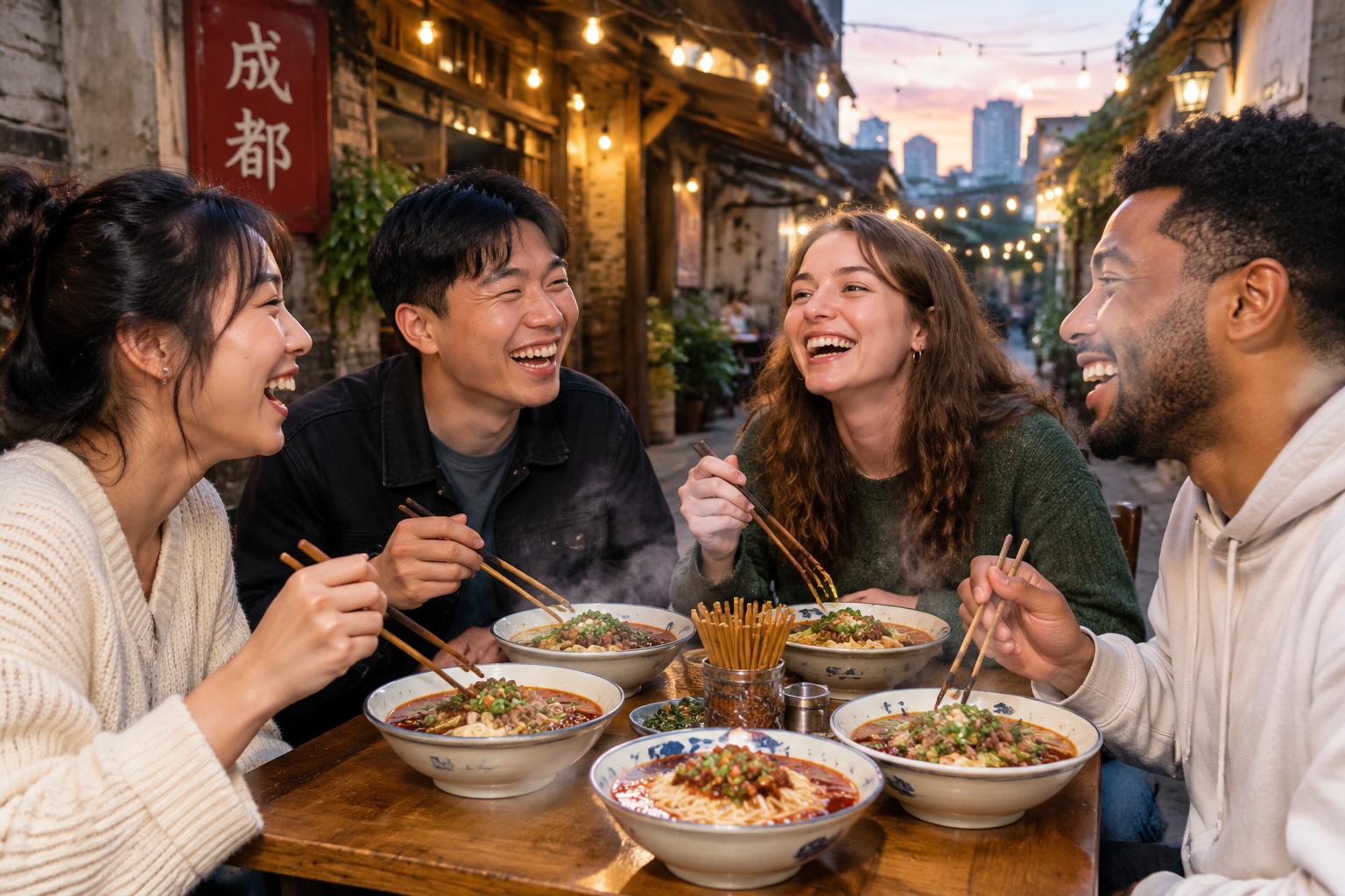 Diverse group of LGBTQ+ friends laughing together at an outdoor cafe in Chengdu evening