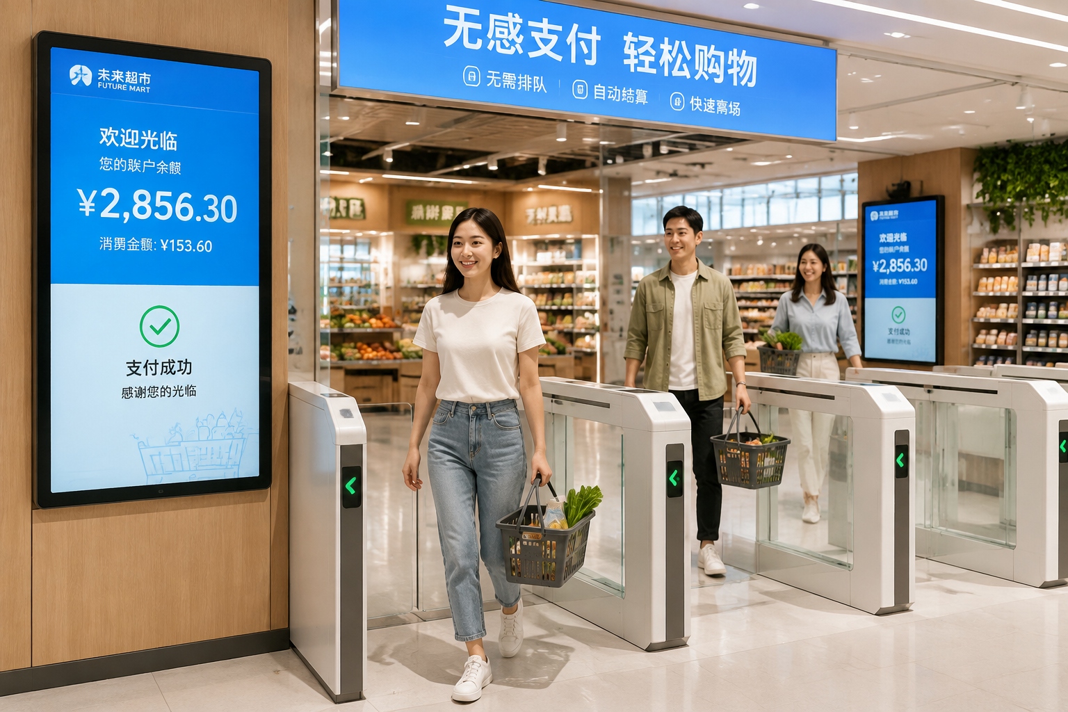Shoppers using automated facial recognition gates to pay for groceries in a modern supermarket