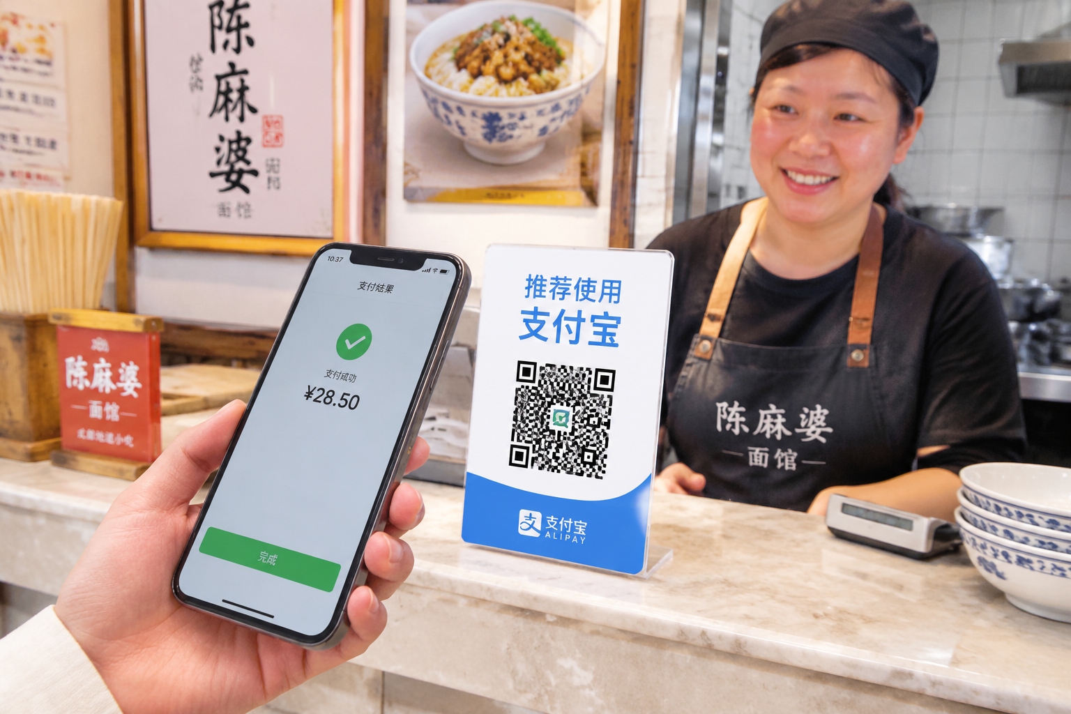 A close-up view of a tourist's hand scanning a WeChat Pay or Alipay QR code at a noodle restaurant counter in China